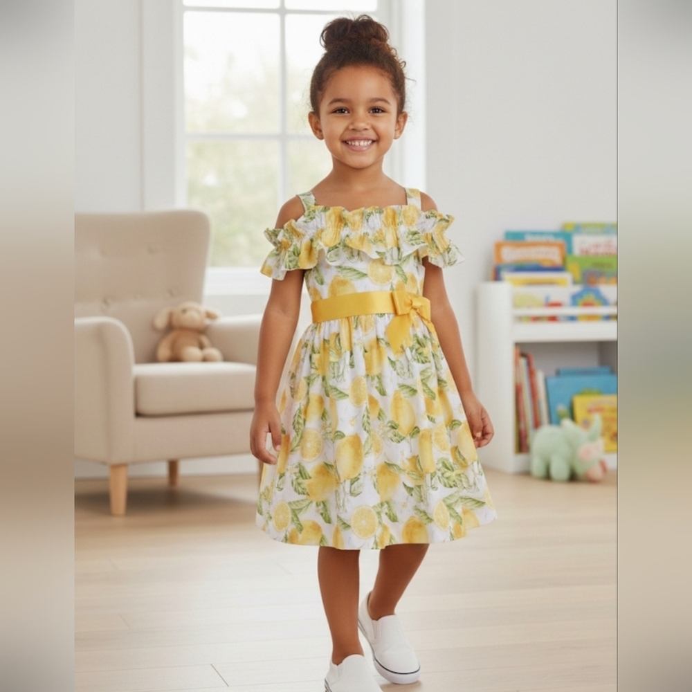 Girl's Iris & Ivy Lemon Print Ruffle Dress Size 6x EUC